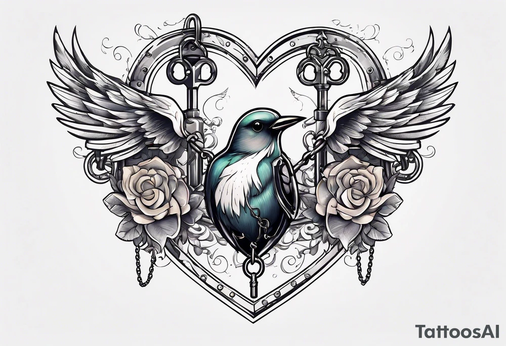heart under lock and key with chains and a black bird flying away with the key tattoo idea