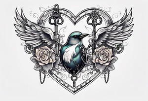 heart under lock and key with chains and a black bird flying away with the key tattoo idea