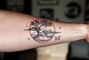 Fine line powerful ocean half sleeve with a wave, a whale, a Joshua tree, and a dog as separate elements connected by geometric patterns tattoo idea