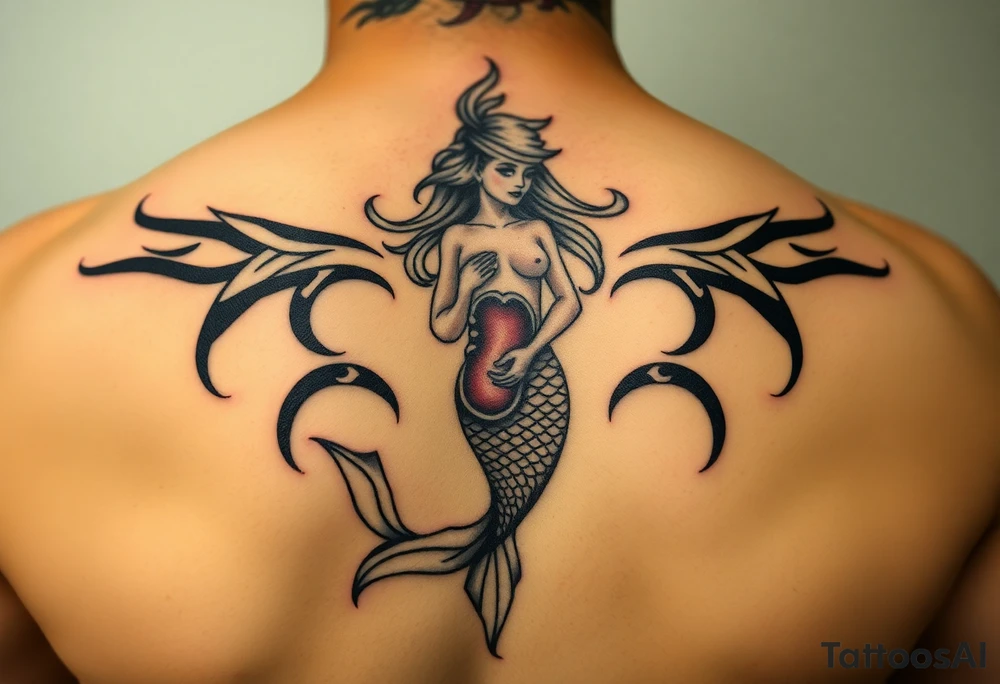 Mermaid tattoo full body soft face light grainy holding a shell in hand tattoo idea