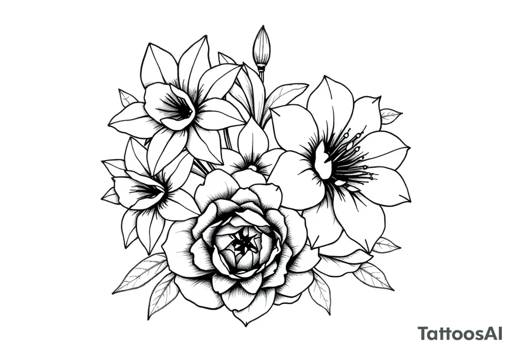 daffodils, jonquils, chrysanthemum and peony in a bouquet for a small tattoo tattoo idea