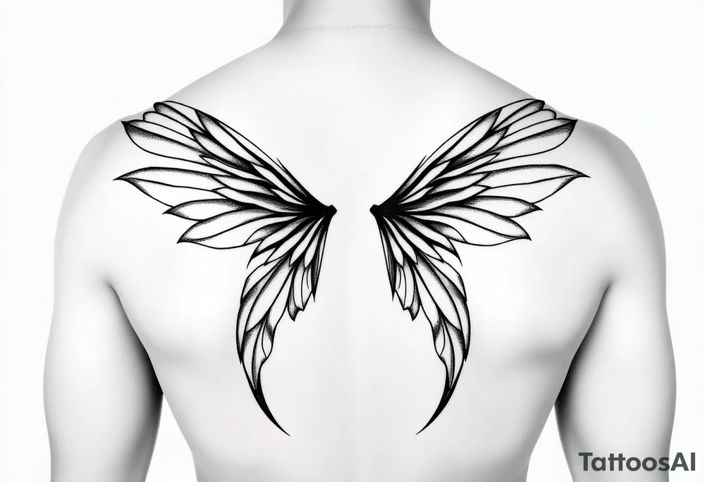 Long wispy fairy wings folded closed down full back tattoo idea