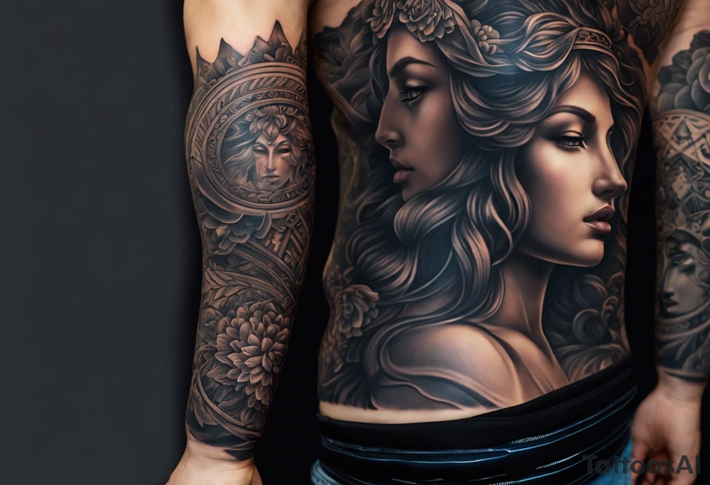 A full tattoo sleeve inspired by Greek mythology, featuring a dark and moody aesthetic with extensive shading. The centerpiece of the sleeve is the Greek goddess Aphrodite, depicted with classical beauty and grace, surrounded by intricate details that emphasize her divine nature. Her flowing hair and robes blend seamlessly into the surrounding elements. Incorporate a mandala effect around Aphrodite, with the mandala patterns subtly woven into the design, adding layers of complexity and depth. The overall theme should be dark, with heavy shading to create a dramatic contrast, evoking a sense of ancient mystery and reverence. The sleeve should also include other mythological elements such as laurel wreaths, classical columns, or ocean waves, to complement Aphrodite’s story and enrich the overall design. tattoo idea