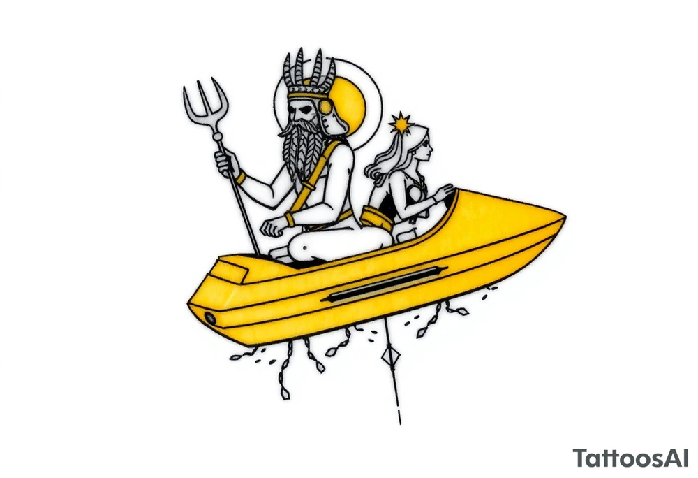 "Anubis driving a yellow Uber-styled solar barge.  
Passengers:  
- Голый Пикассо (из «Ампир V»)  
- Алиса (с табличкой 'Аид – 5★')  
Meter reads: *'SOUL: 4.8 rating (would not reincarnate)'*.  

Style: Urban hieroglyph. Black/yellow. Calf." tattoo idea