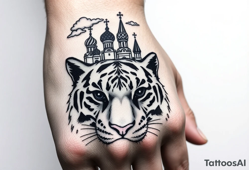Realistic tiger face on the back of the hand with strong contrast and fine detail with hollow black eyes. with a highly detailed Russian Orthodox cathedral sitting above on fore arm with onion domes and orthodox crosses, done in fine line, engraving-like style. Cohesive composition, black ink only, no color, high contrast, slightly aged, documentary-style, plain light background. with clouds above and a virgin mary tattoo idea