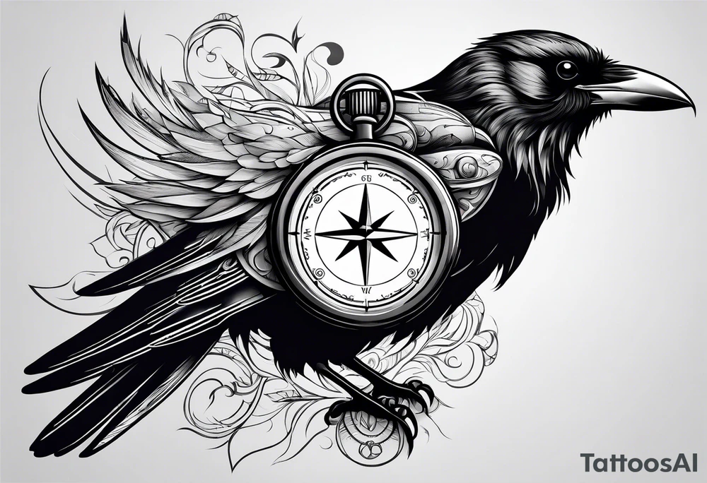 flying crow with compass tattoo idea