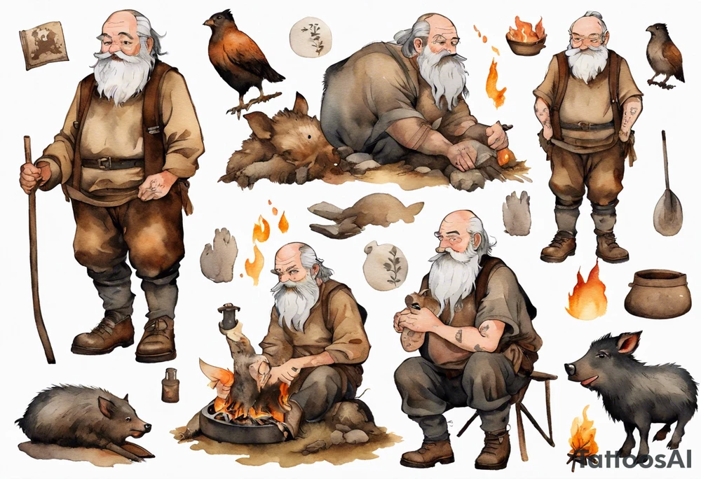 a 55-year-old large Bavarian man with a grey beard wearing a brown and black tunic sitting by a campfire with his pet boar tattoo idea