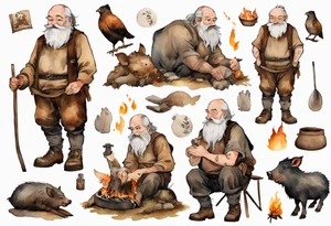 a 55-year-old large Bavarian man with a grey beard wearing a brown and black tunic sitting by a campfire with his pet boar tattoo idea