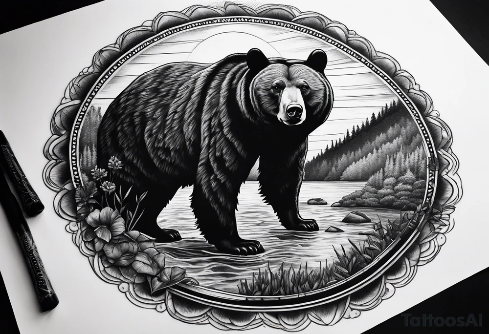 Large thigh tattoo, realism, black and white, black bear with the new river gorge in the background tattoo idea