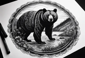 Large thigh tattoo, realism, black and white, black bear with the new river gorge in the background tattoo idea