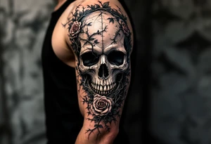 gothic skull intertwined with climbing roses and thorny vines tattoo idea