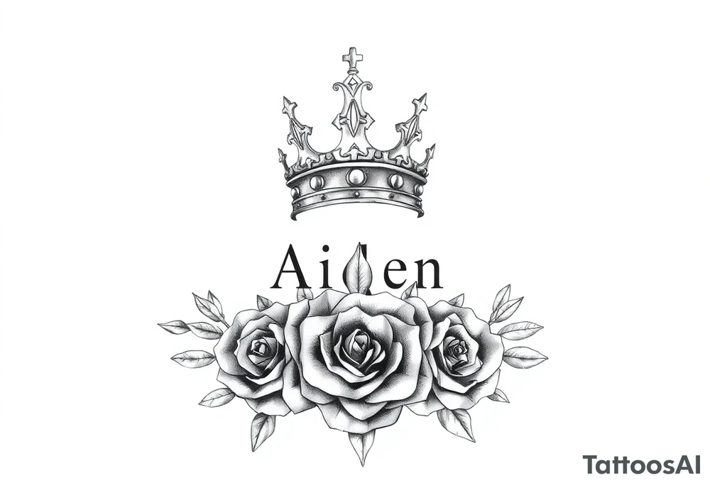 Medium size Kings crown above the name Aiden and roses tattoo idea