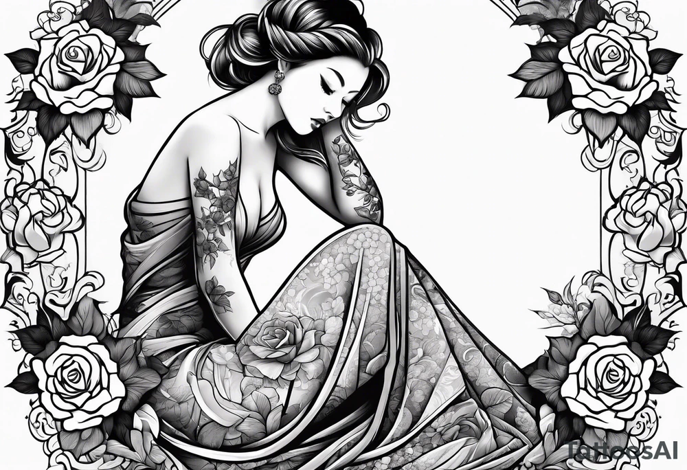 Bloomed rose with female body, kneeling tattoo idea