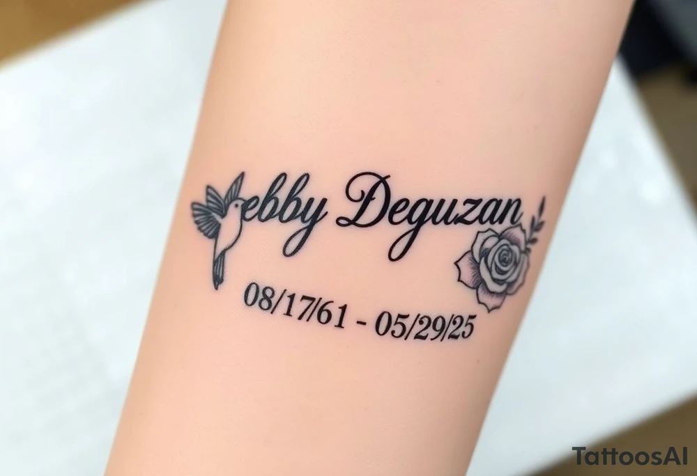 Tattoo of the exact name Debby Deguzman in chunky curly cursive with the exact dates of 08/17/61-05/29/25 surrounded by 1 hummingbird and 1 rose tattoo idea