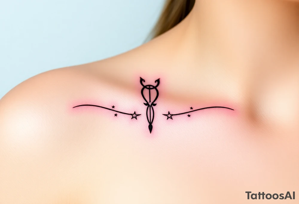 Tatuagem delicada e com o símbolo de Sagitário*, perfeita para a clavícula feminina:


- Uma *linha fina curva* que acompanha suavemente o contorno da clavícula.  
- No centro, um pequeno *arco e flecha estilizado*, símbolo de Sagitário, com traços minimalistas.  
- Atrás da flecha, um leve *traço de energia ou faísca*, como se estivesse sendo disparada — sensual e dinâmica.  
- Pequenas *estrelas delicadas* ou pontos brilhantes espalhados ao longo da linha, dando um toque celestial e feminino.  
- A flecha aponta em direção ao ombro, representando movimento, liberdade e poder pessoal.

*Extras (opcional):*  
- Pode incluir discretamente a palavra "liberdade" ou "feu" (fogo, em francês) em letra cursiva abaixo da linha.  
- Feita em tinta preta tattoo idea