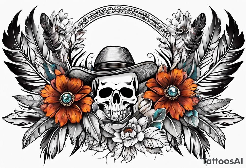 western pattern with flowers and feathers for hip tattoo idea