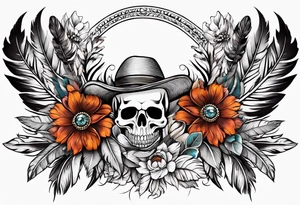 western pattern with flowers and feathers for hip tattoo idea