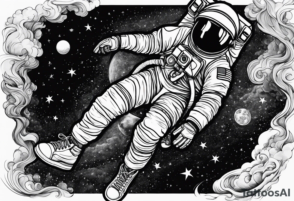 An astronaut floating upside down with jordan shoes on his feet tattoo idea