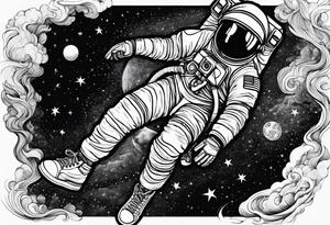 An astronaut floating upside down with jordan shoes on his feet tattoo idea