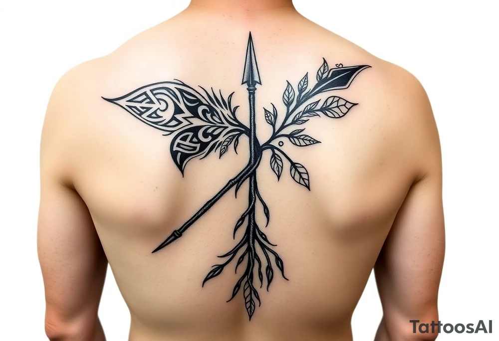 A broken spear with roots growing through it, tribal blackwork style, symbolizing healing through soul, not ego. 
One side traditional tribal pattern (e.g. Polynesian spear motifs), the other cracked but reforged with symbols of soul: leaves, stars, or water. 
The roots at the bottom, the spear at the top, this would go on my arm. tattoo idea