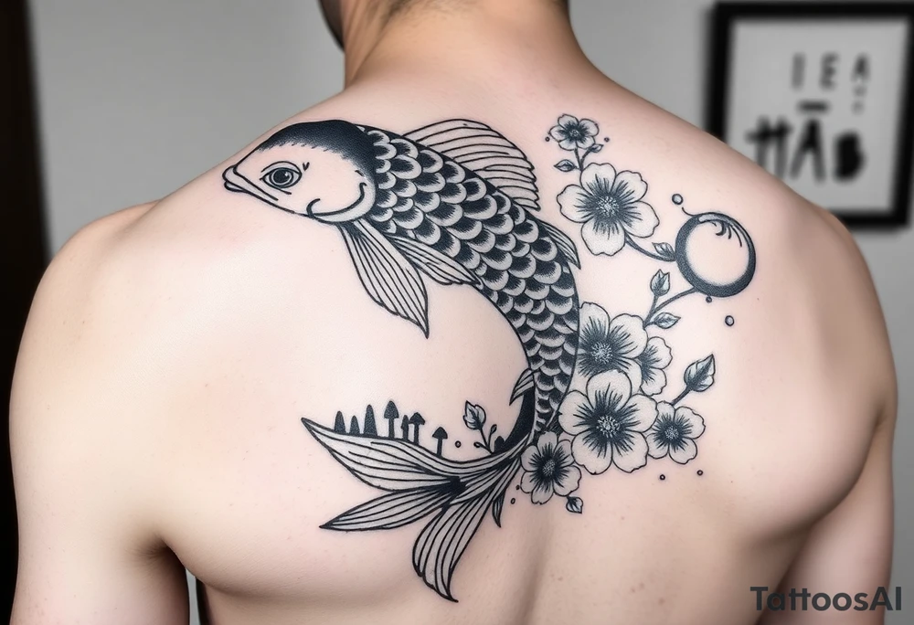 I would make one koi fish with waves, cliffs and sakura then on the upper arm tattoo idea