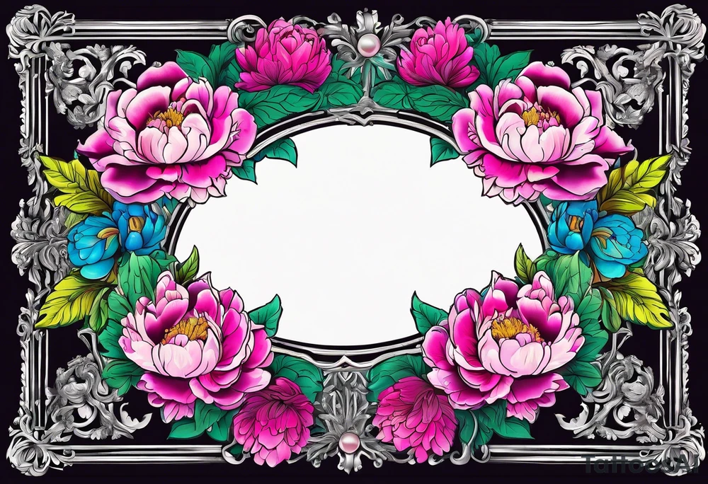 neon colorful peonies,neon colored, surrounding on the outside of a empty beautiful intricate victorian style picture frame with filigree tattoo idea
