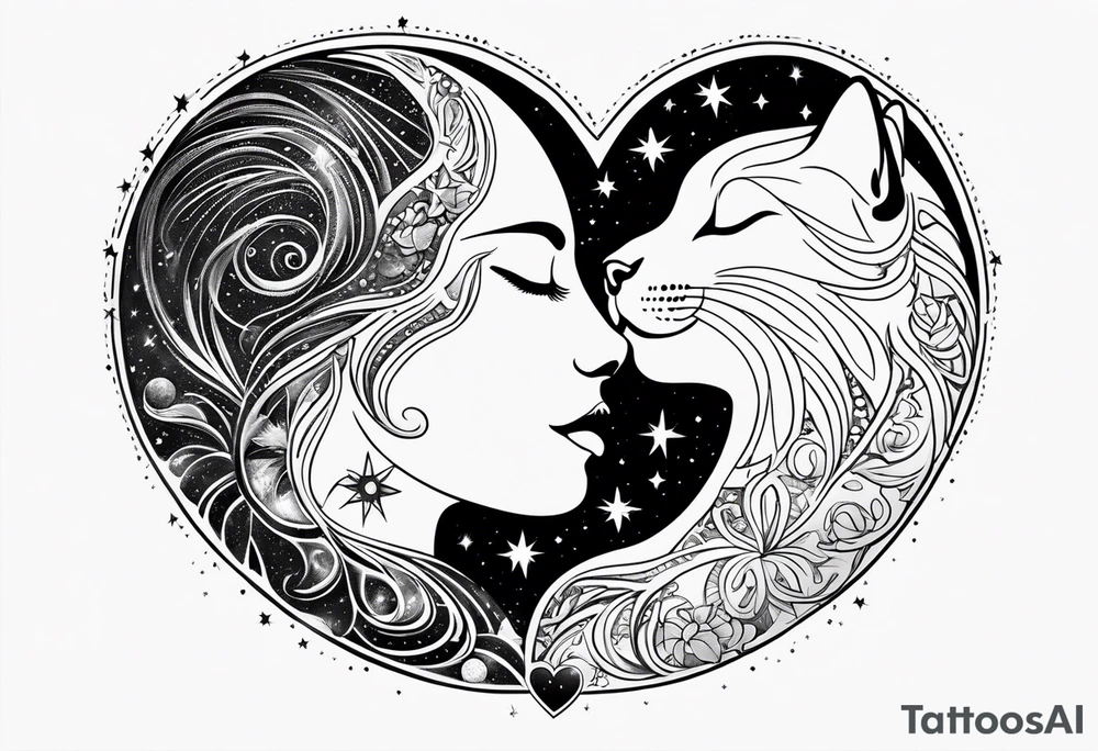 Sun and moon face romantic kiss or hug
With a pawprint pathway going to 2 cat and pitbull dog face surrounded with intergalactic Stars and infinite love bond tattoo idea