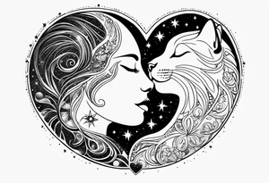 Sun and moon face romantic kiss or hug
With a pawprint pathway going to 2 cat and pitbull dog face surrounded with intergalactic Stars and infinite love bond tattoo idea