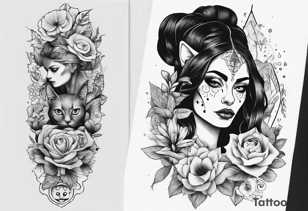 B&w tattoo arm with flowers dotting work and with an cat in it and a dark elf woman Scandinavian tattoo idea