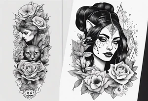 B&w tattoo arm with flowers dotting work and with an cat in it and a dark elf woman Scandinavian tattoo idea