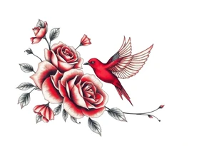 Vintage lace, red roses close together, bright red bird flying freely tattoo idea