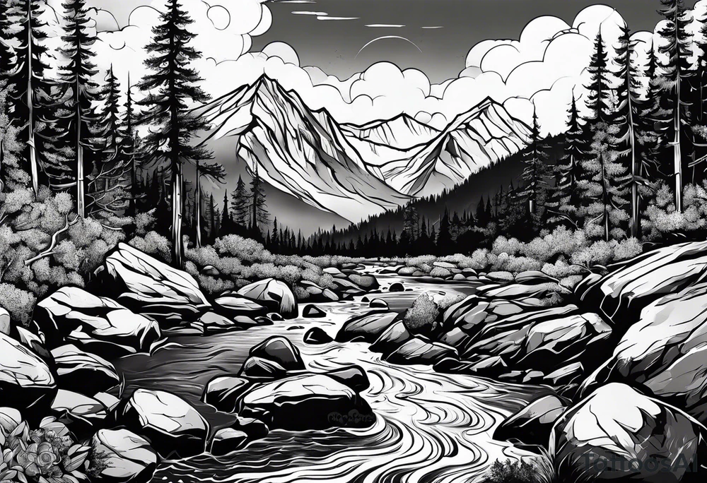 forrest 
river running through rocks and mountains tattoo idea