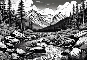 forrest 
river running through rocks and mountains tattoo idea