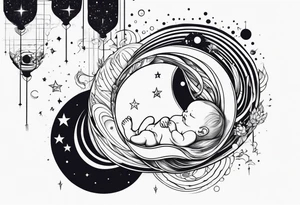 Design a tattoo representing birth of a baby boy connected to universe tattoo idea