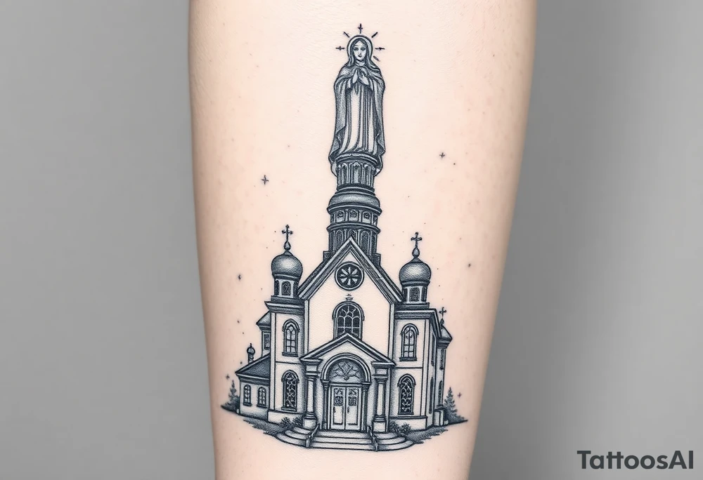 in a dorsal view a detailed orthodox church with a band at the front shrouded with a mist above and fading into a virgin mary overlooking above at the top tattoo idea