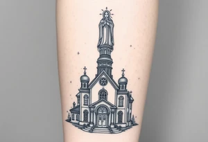 in a dorsal view a detailed orthodox church with a band at the front shrouded with a mist above and fading into a virgin mary overlooking above at the top tattoo idea