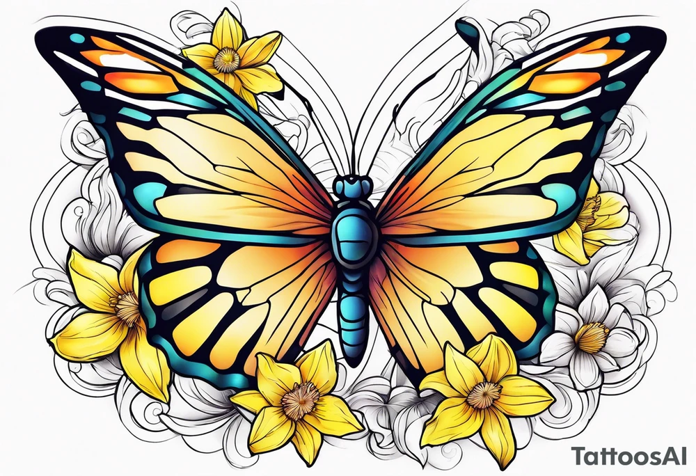 Butterfly, star and daffodils, aster flower tattoo idea