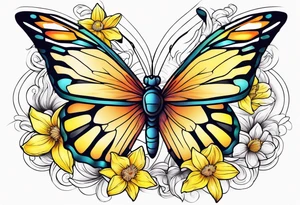 Butterfly, star and daffodils, aster flower tattoo idea
