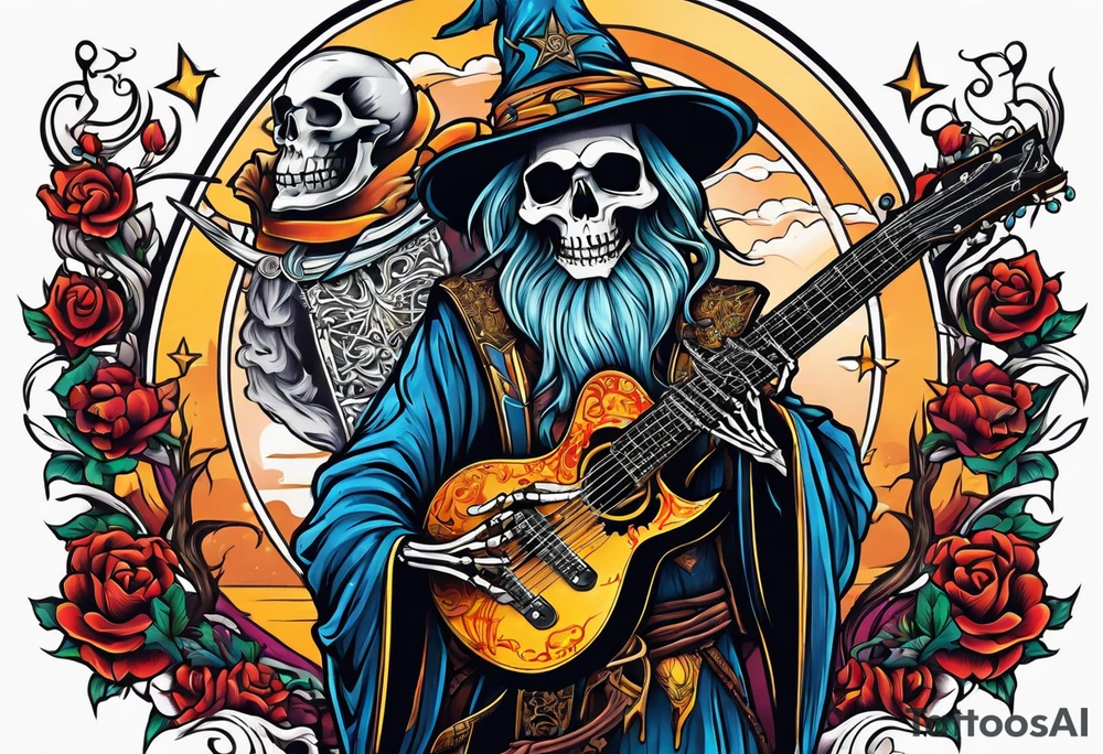 Wizard skeleton with guitar tattoo idea