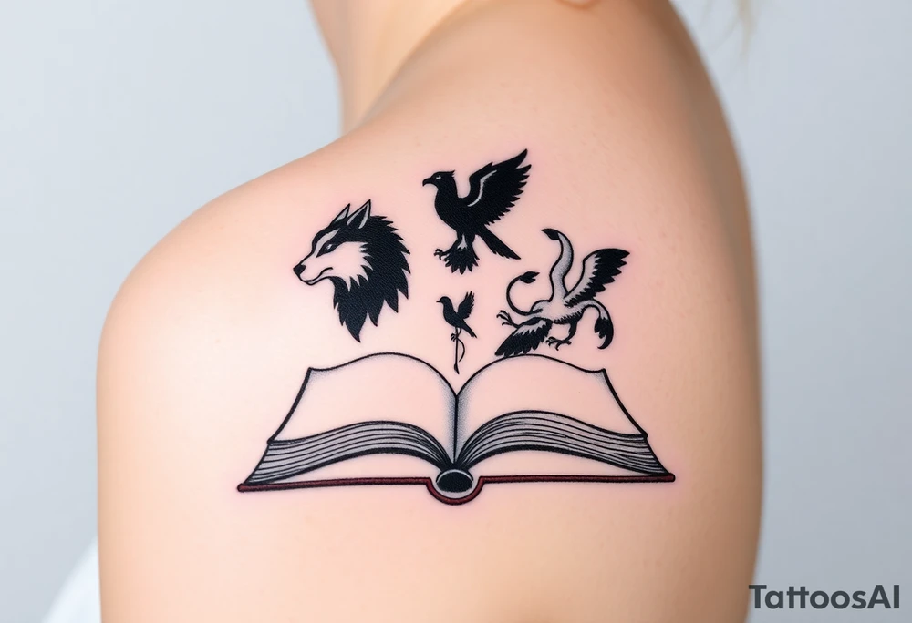 An open book with black silhouettes of a werewolf, owl, dragon & phoenix above it tattoo idea