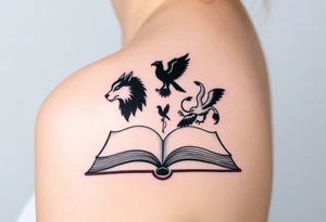 An open book with black silhouettes of a werewolf, owl, dragon & phoenix above it tattoo idea