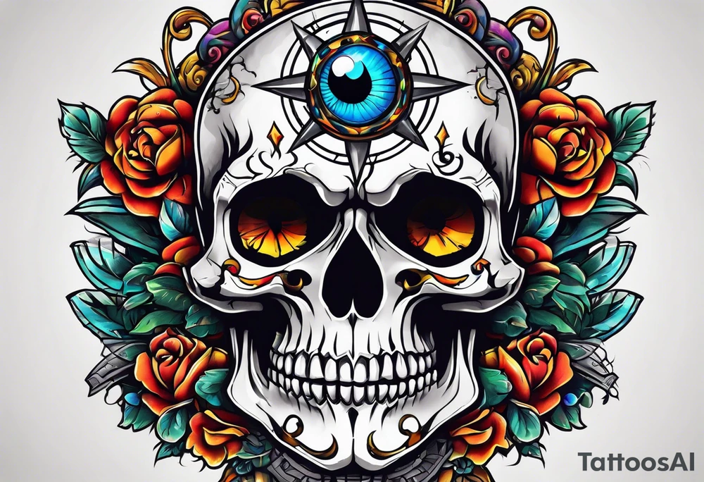 Bright bold Neo traditional broken skull with third eye tattoo idea