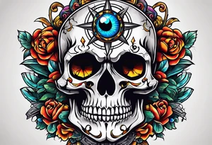 Bright bold Neo traditional broken skull with third eye tattoo idea
