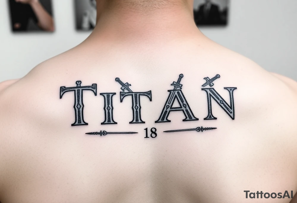 Name ‘Titan’ with birthday, Greek mythology inspired font with mini swords tattoo idea
