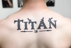 Name ‘Titan’ with birthday, Greek mythology inspired font with mini swords tattoo idea