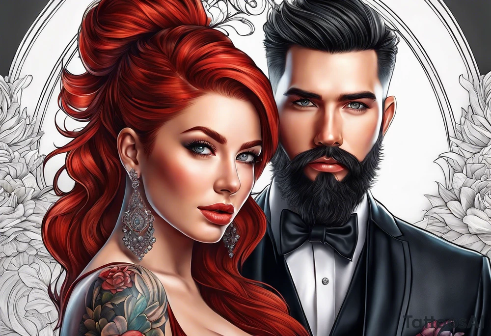 Busty red haired woman with a bearded man who has black hair tattoo idea