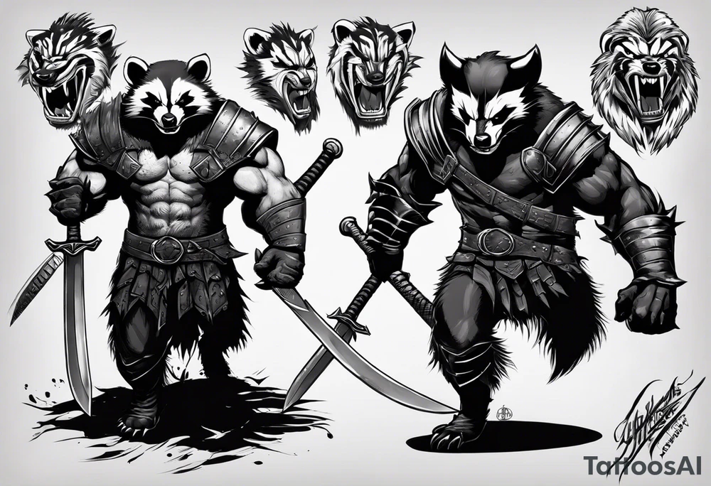 Draw me psychopath Badger/Wolverine with aggressive full body, killer face with a scary smile, very long nails and he attacks like a Bloody Assassin/Warrior/Gladiator to us and also, he has very deadly looking. He fights with his nails. Everybody scares after their first sight. Give me horror type Badger Tattoo. I want to see his Realistic full body. tattoo idea