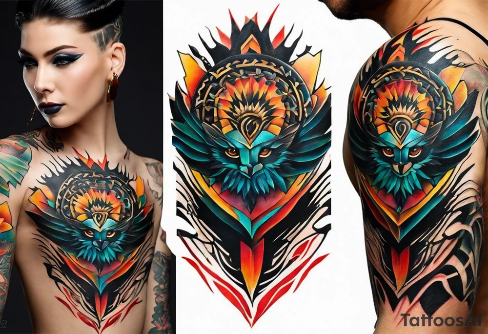 Wide tattoo that appears to be bursting out of the skin, symbolizing freedom. The tattoo should be vibrant and dynamic, with bold lines and colors that evoke a sense of liberation and empowerment. Consider incorporating elements such as broken chains, or other symbols of freedom. The tattoo should be visually striking and thought-provoking. tattoo idea