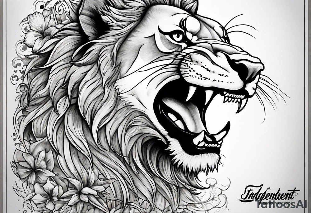 Half a lion half a shark back tattoo with the words “independent from birth” tattoo idea