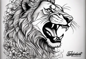 Half a lion half a shark back tattoo with the words “independent from birth” tattoo idea